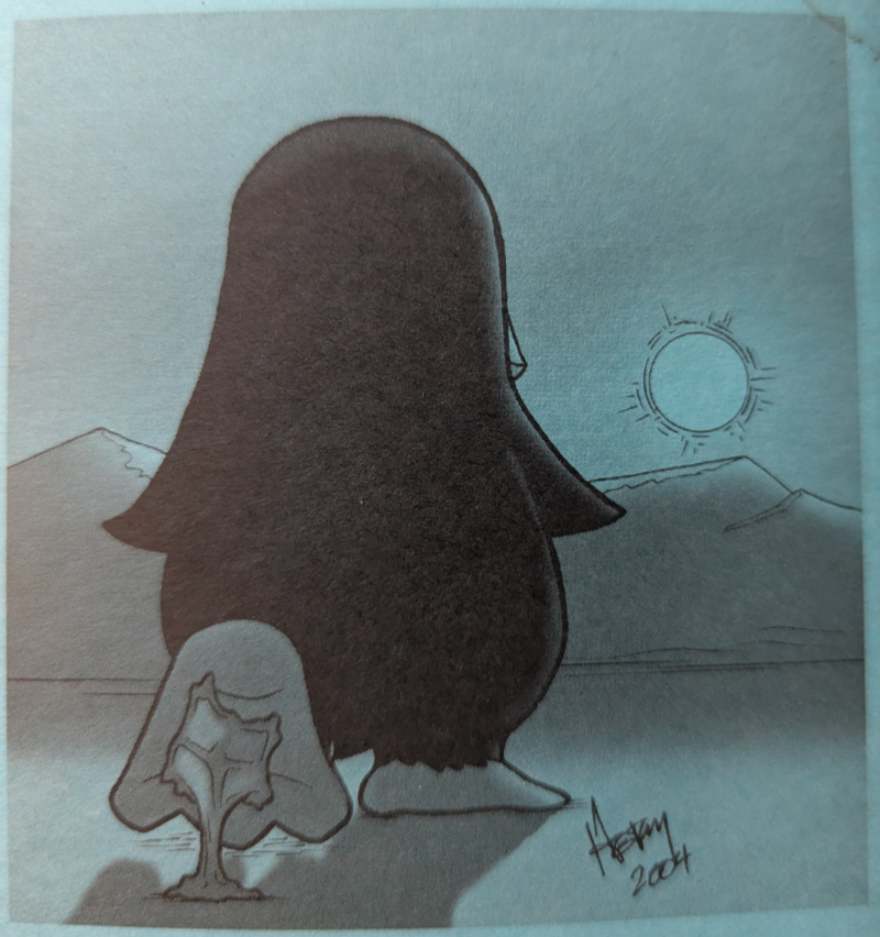 Detail of part of the back cover of the Penguicon 2004 schedule book. Illustration by Howard Tayler, depicting the giant Linux penguin from the front cover illustration, walking away, leaving behind sticky wad under its foot in the shape of a Microsoft Windows logo."