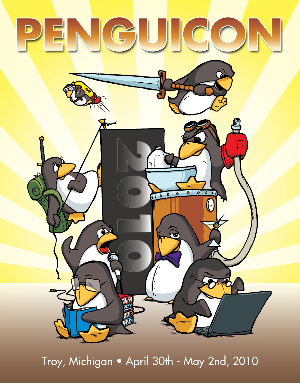 A Penguicon 2010 souvenir book cover by Howard Tayler, depicting cartoon penguins jet-packing, swinging a sword, concentrating intensely on a book or on a laptop, singing karaoke, drinking a martini, and pouring liquid nitrogen into milk to make ice cream.