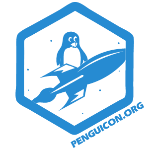 A logo of a penguin riding a rocket, framed inside a hexagon.