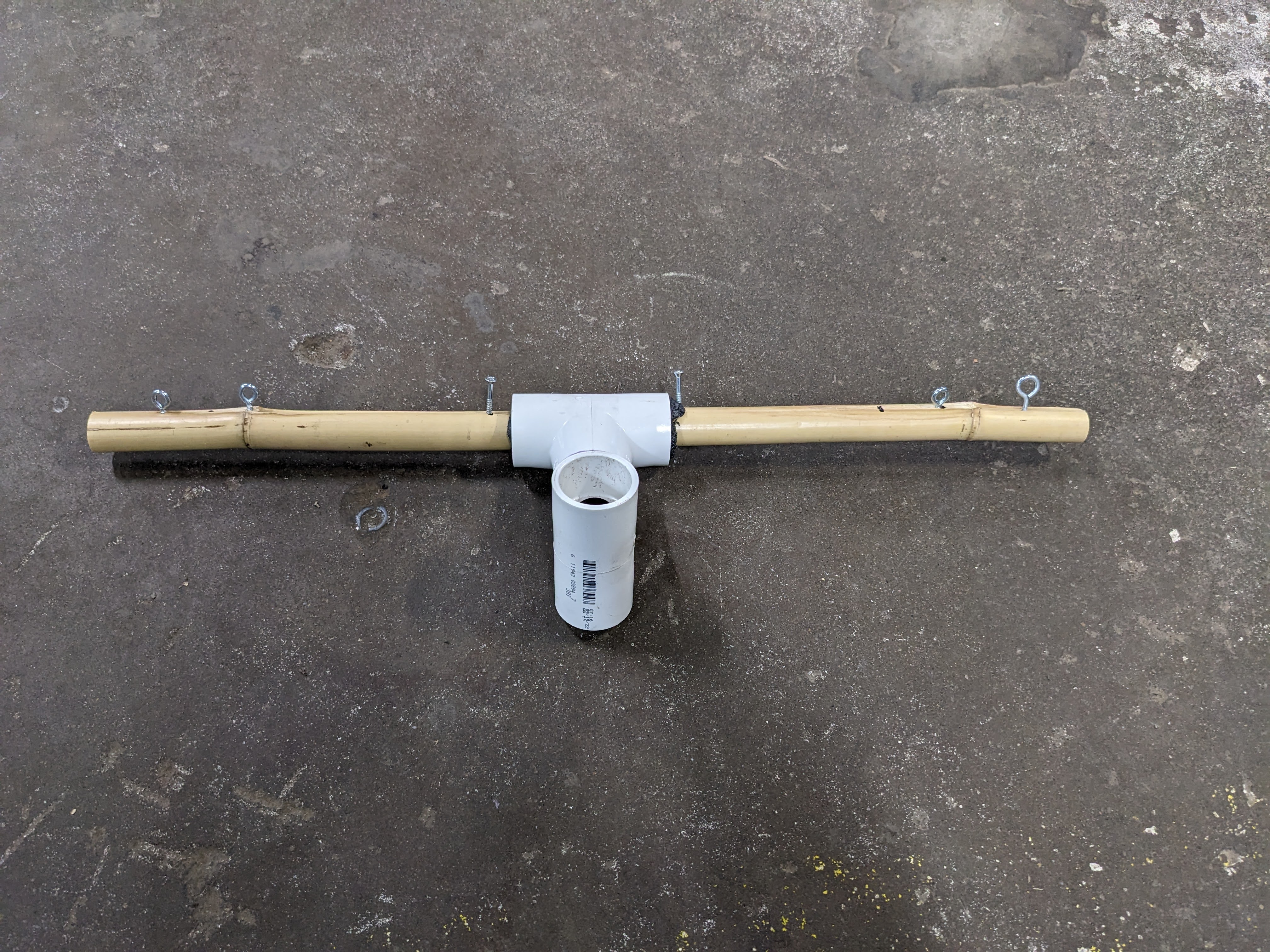 The hips segment of the bamboo and PVC skeleton.